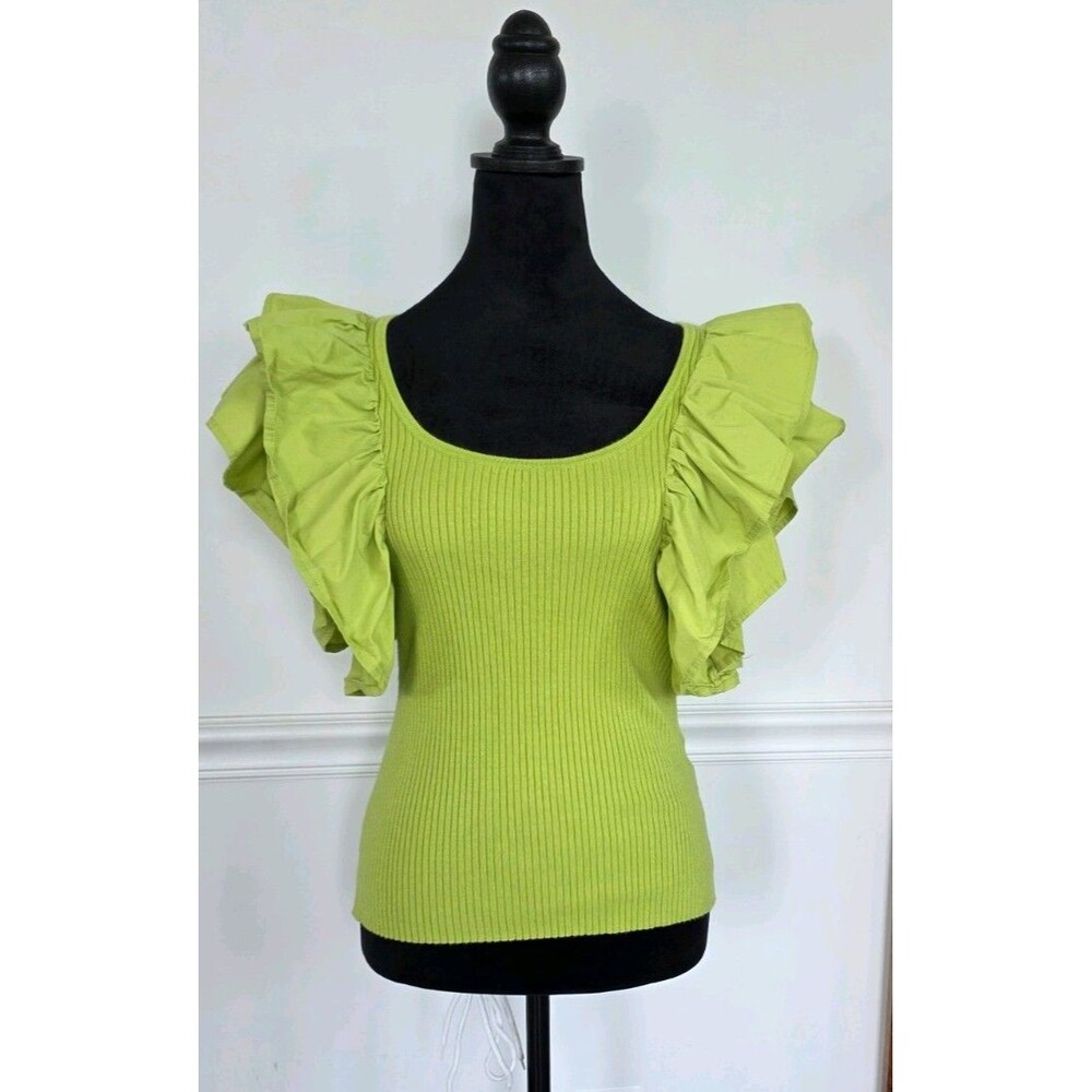 7th Avenue Design Studio Lime Green  Ribbed Knit Ruffle Sleeve Top Size Small